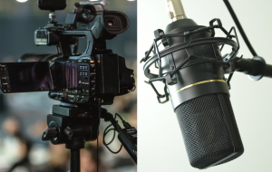 radiodifusão câmera e microfones