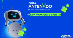 Robô com corpo de antena e slogan: Siga Antenado, um novo jeito de ver TV. É a propaganda do site criado para especificar como será a mudança da tv parabólica para a banda ku.