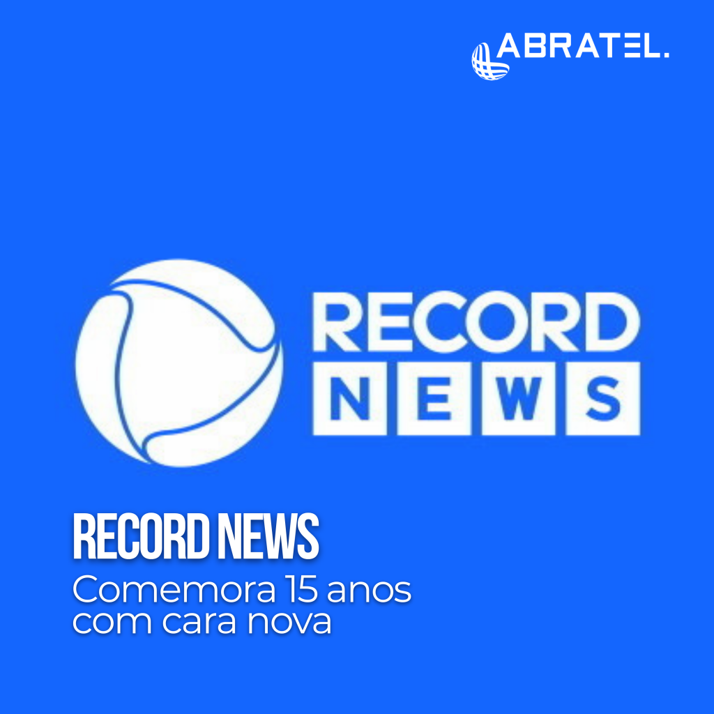 Logo da RecordNews com novo desenho. Circulo ao lado do nome Record e, embaixo, news escrito em caixas separadas por letras. Fundo azul, desenho e letras em branco.